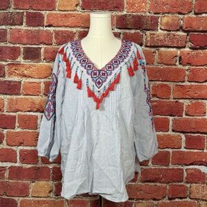 Chico's Embroidered Beaded Striped V Neck Blouse Women's Size 3 (US L)‎ Tassels